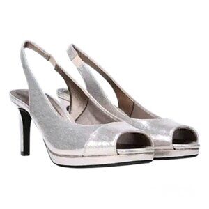 Life Stride Silver Soft Systems Comfort Slingback Platform Peep Toe Heels Size 8